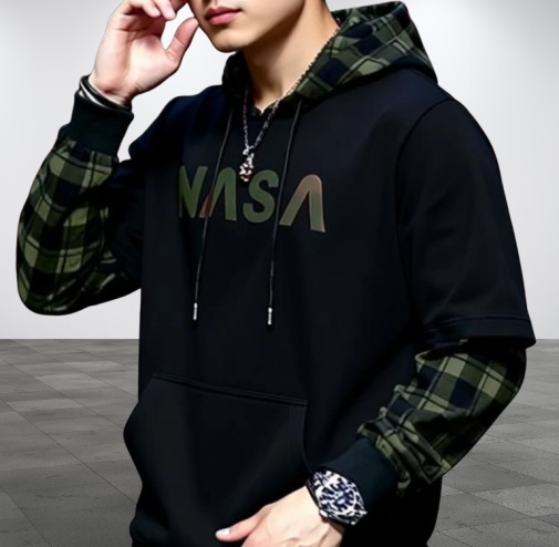Men’s Typography Hooded Neck T-Shirt - BLACK-OLIVE